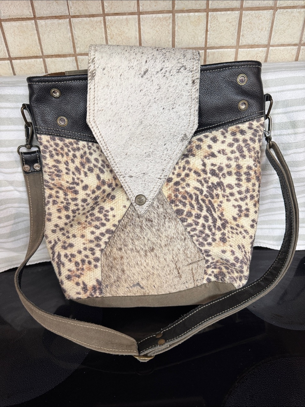 Hopofly Crossbody Bag with Haircalf Accent - Neutral Upper Leather